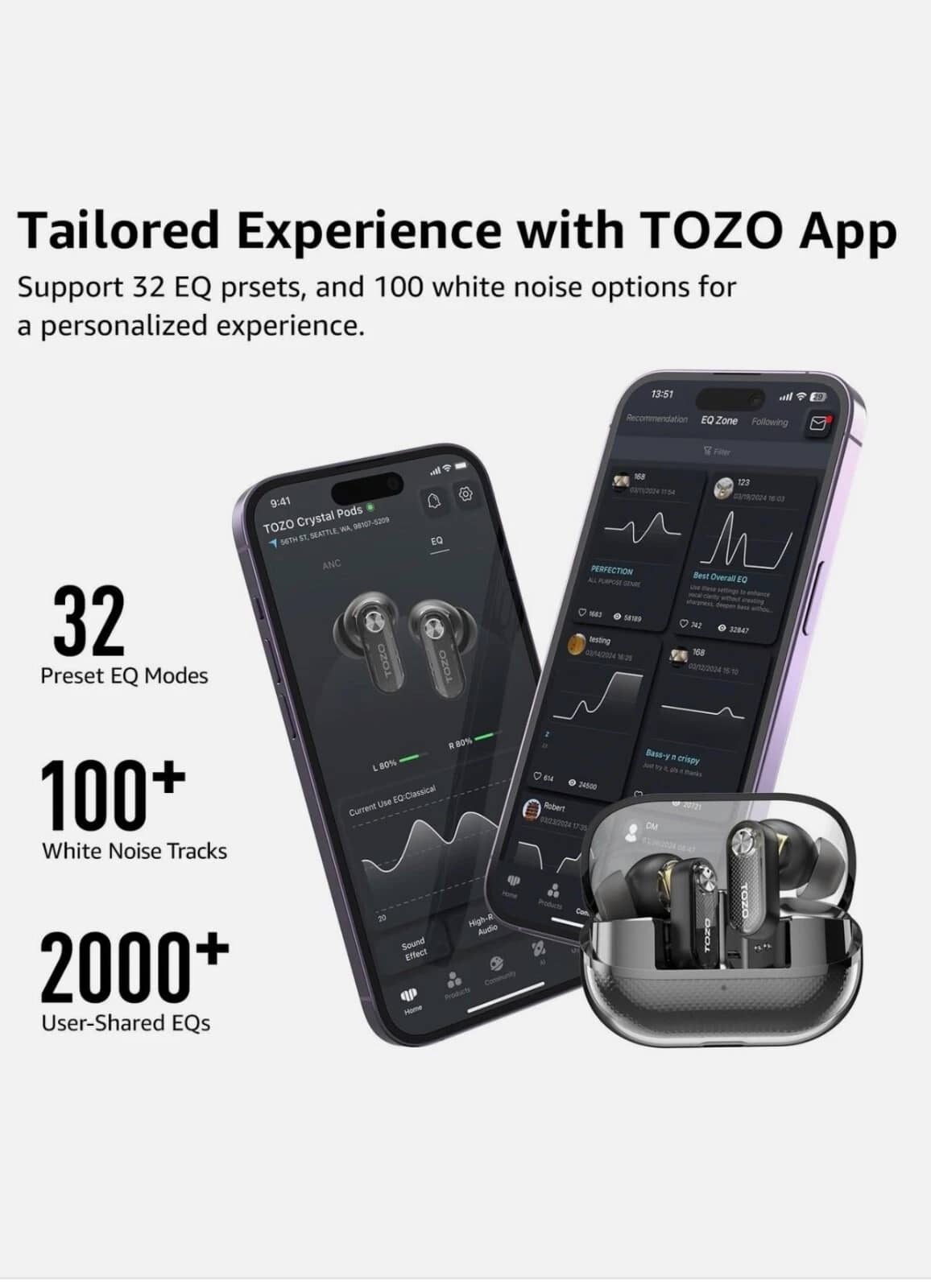 TOZO Crystal Pods Headphones & Earbuds White New