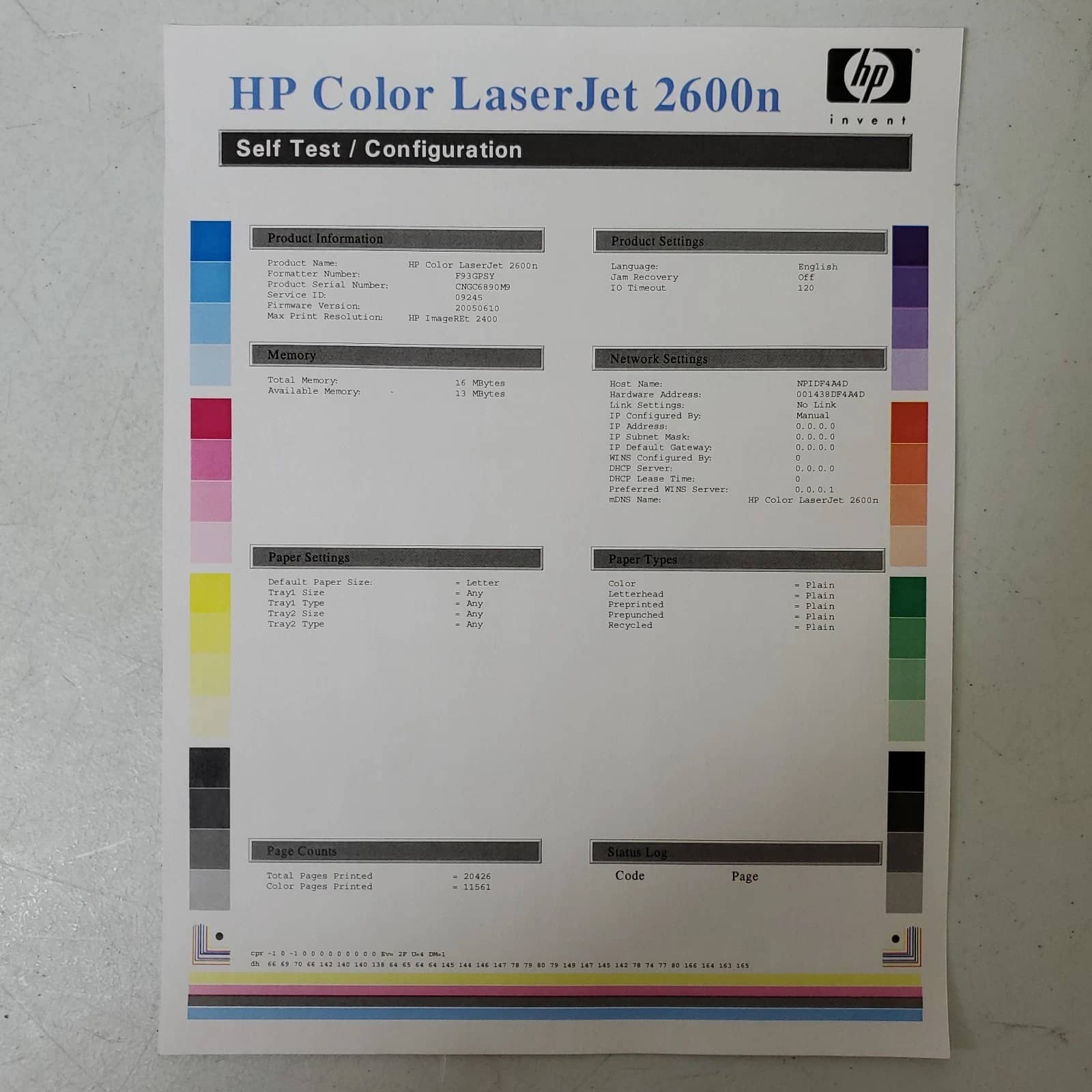 HP Color Laserjet 2600n Printers Used - Good