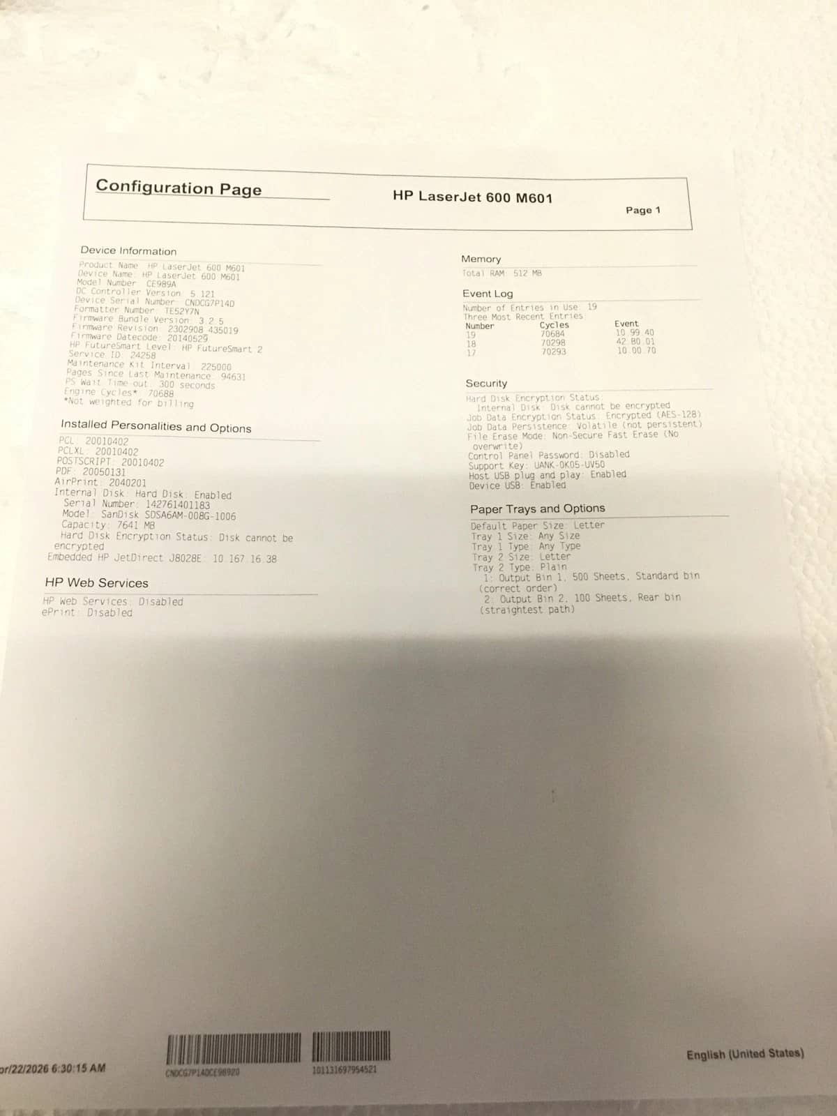 HP LaserJet 600 M601n Printers Used - Good