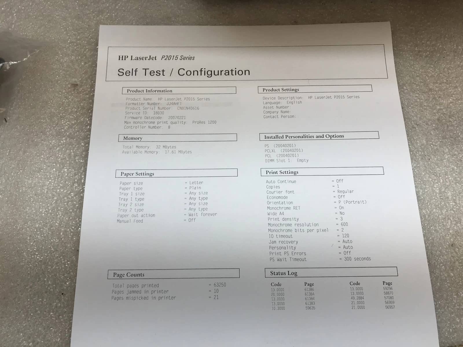 HP LaserJet P2015 Workgroup Monochrome Printers Used - Good