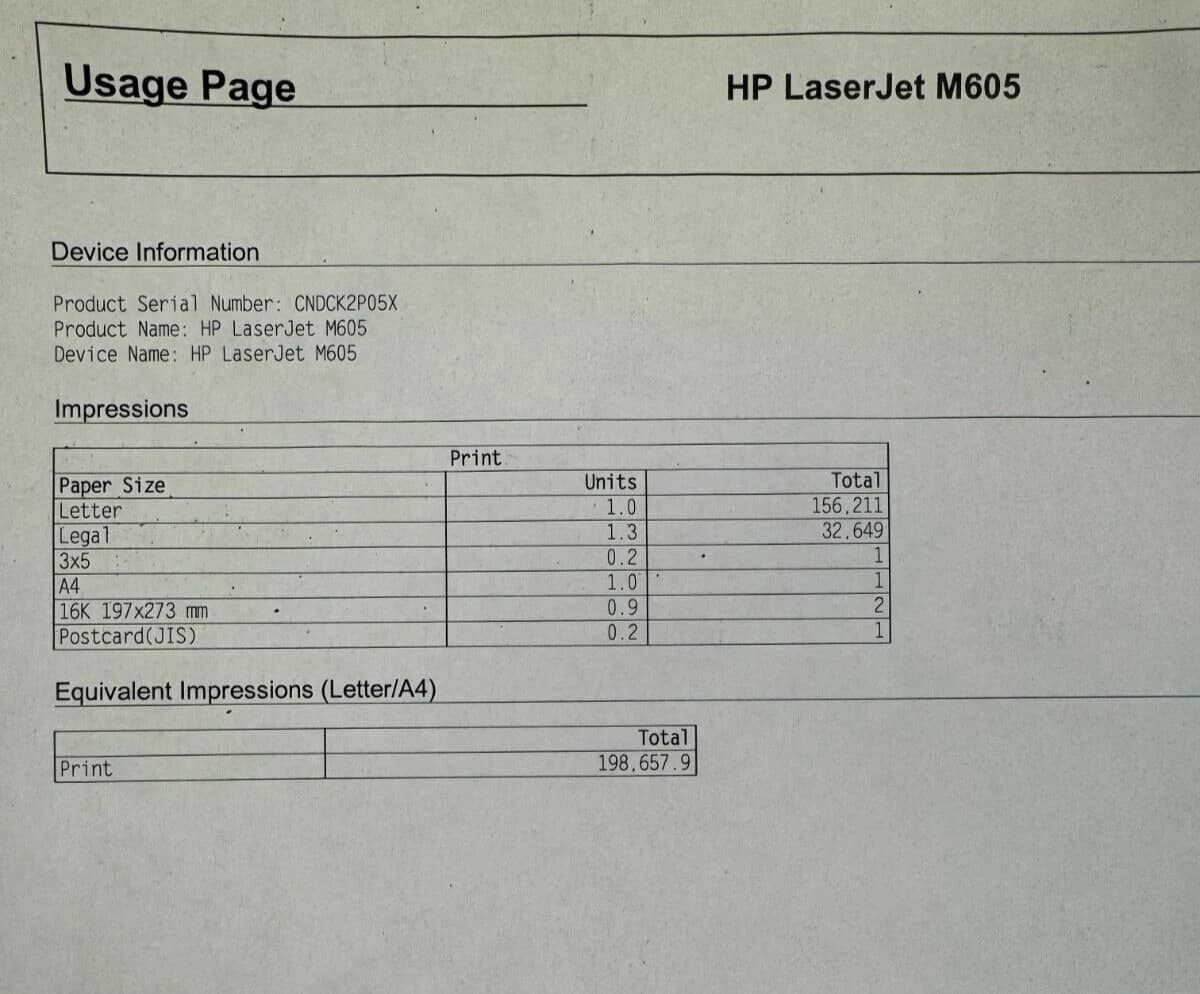 HP LaserJet M605 M605n Printers Used - Good