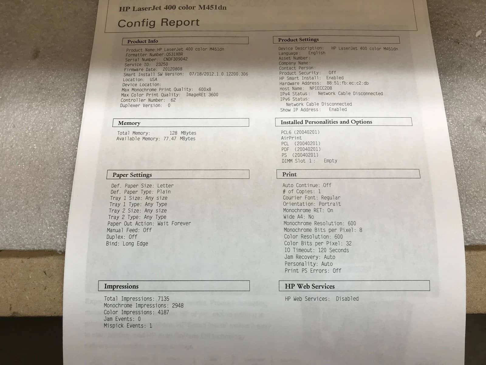 HP Laserjet 400 Color M451dn Printers Used - Good