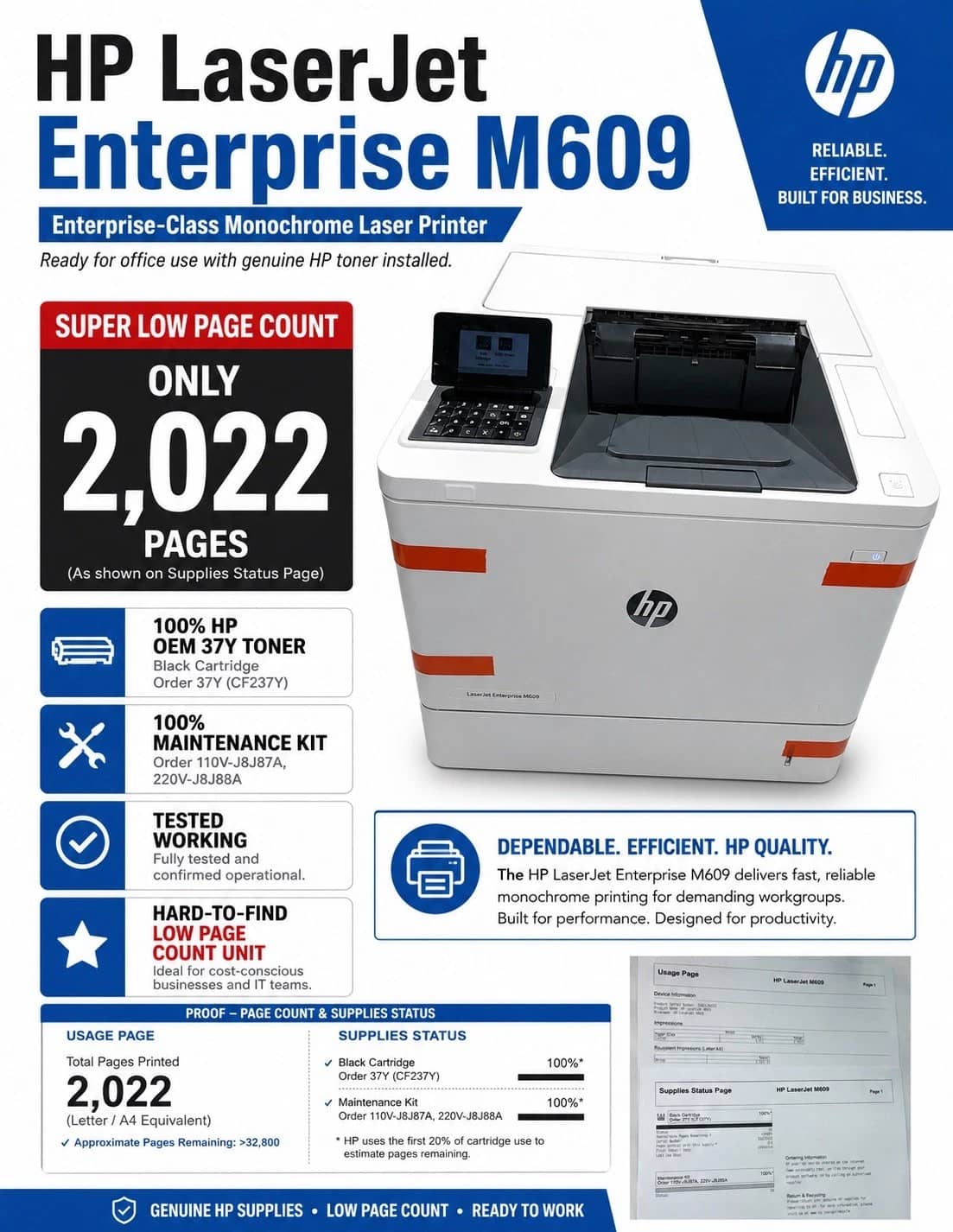 HP M609dn Printers Refurbished - Excellent