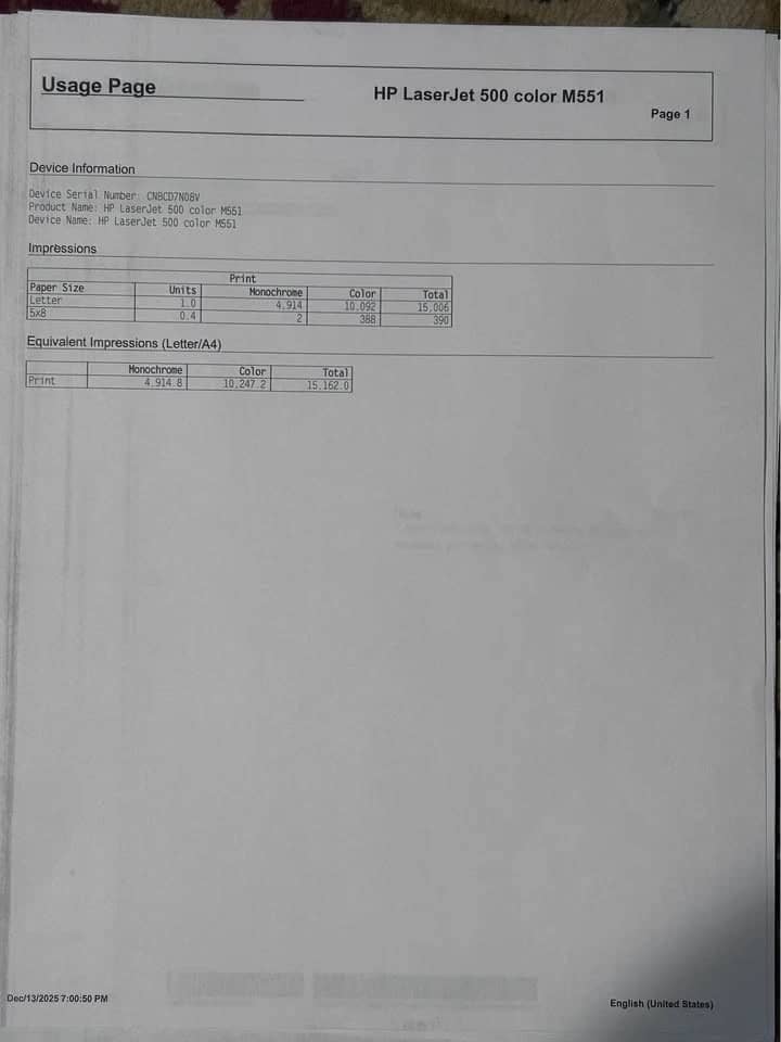 HP LaserJet Enterprise 500 M551n Printers Refurbished - Excellent