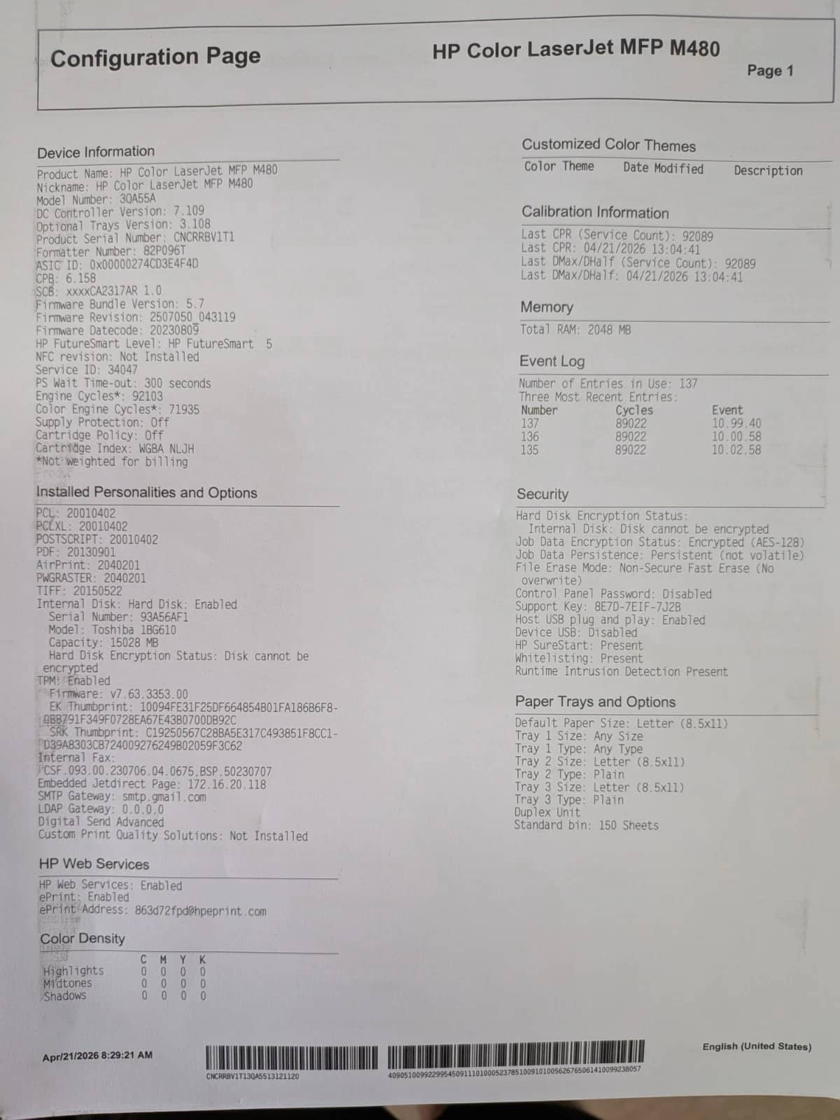 HP Color LaserJet Enterprise MFP M480 (30A55A) Printers Used - Good