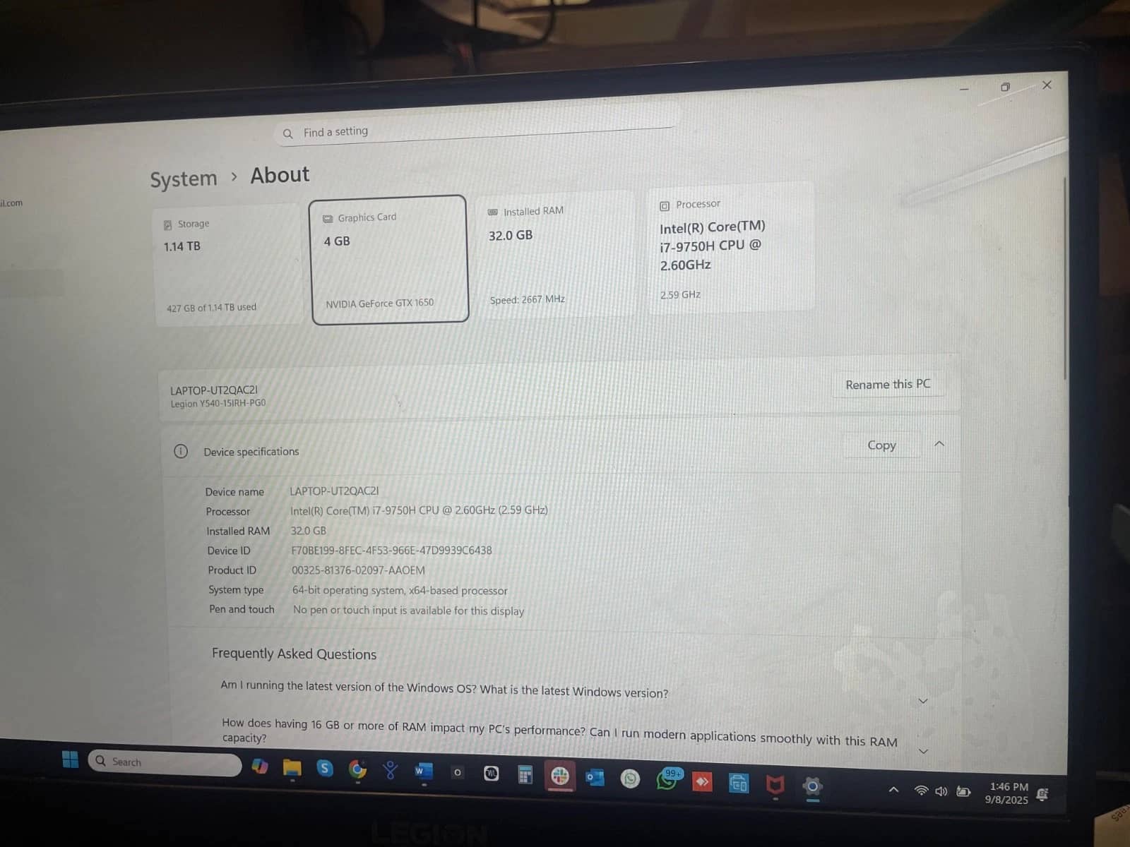 Lenovo Legion Y540-15IRH Computers 1TB 32GB Used - Good