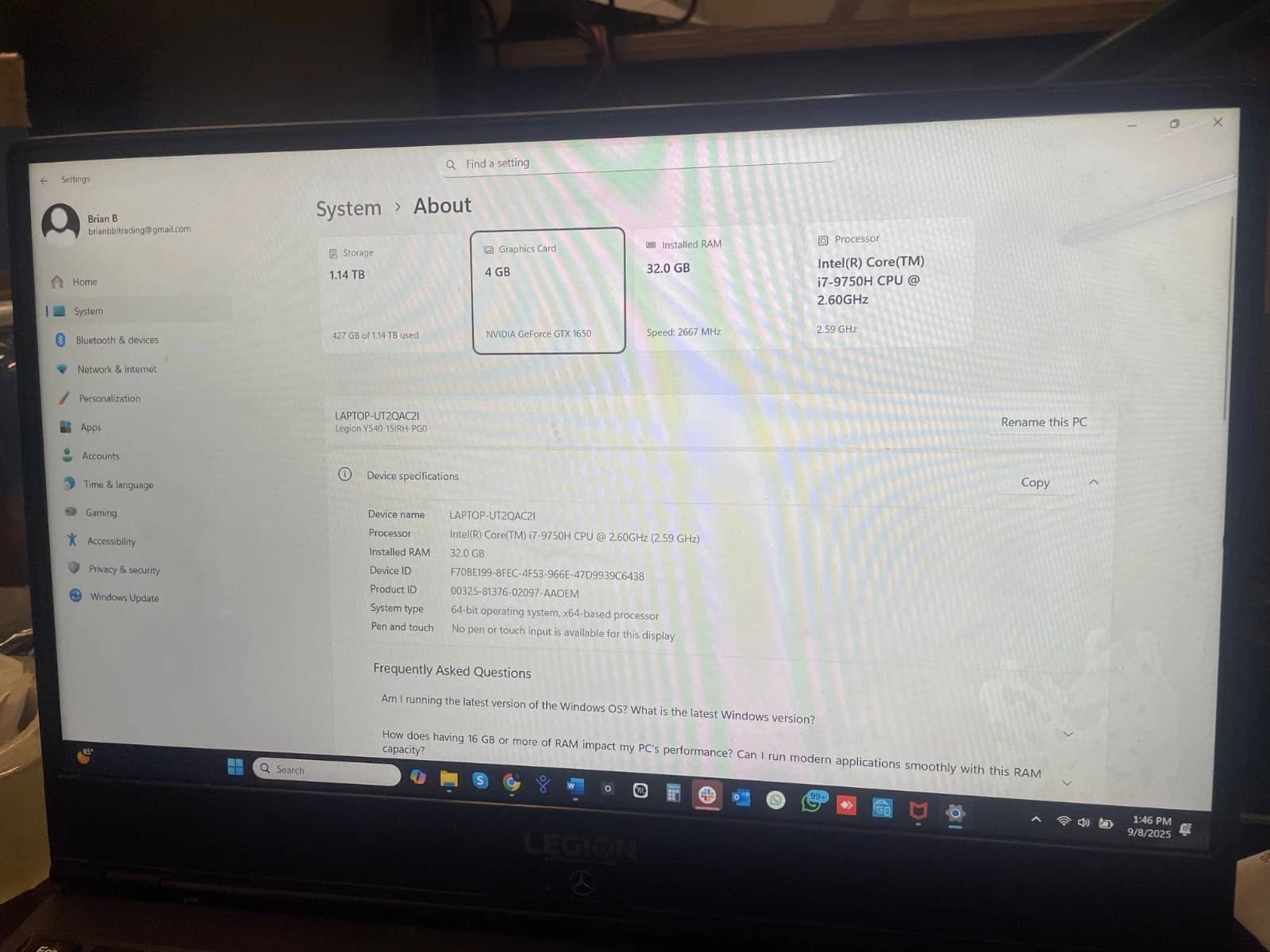Lenovo Legion Y540-15IRH Computers 1TB 32GB Used - Good