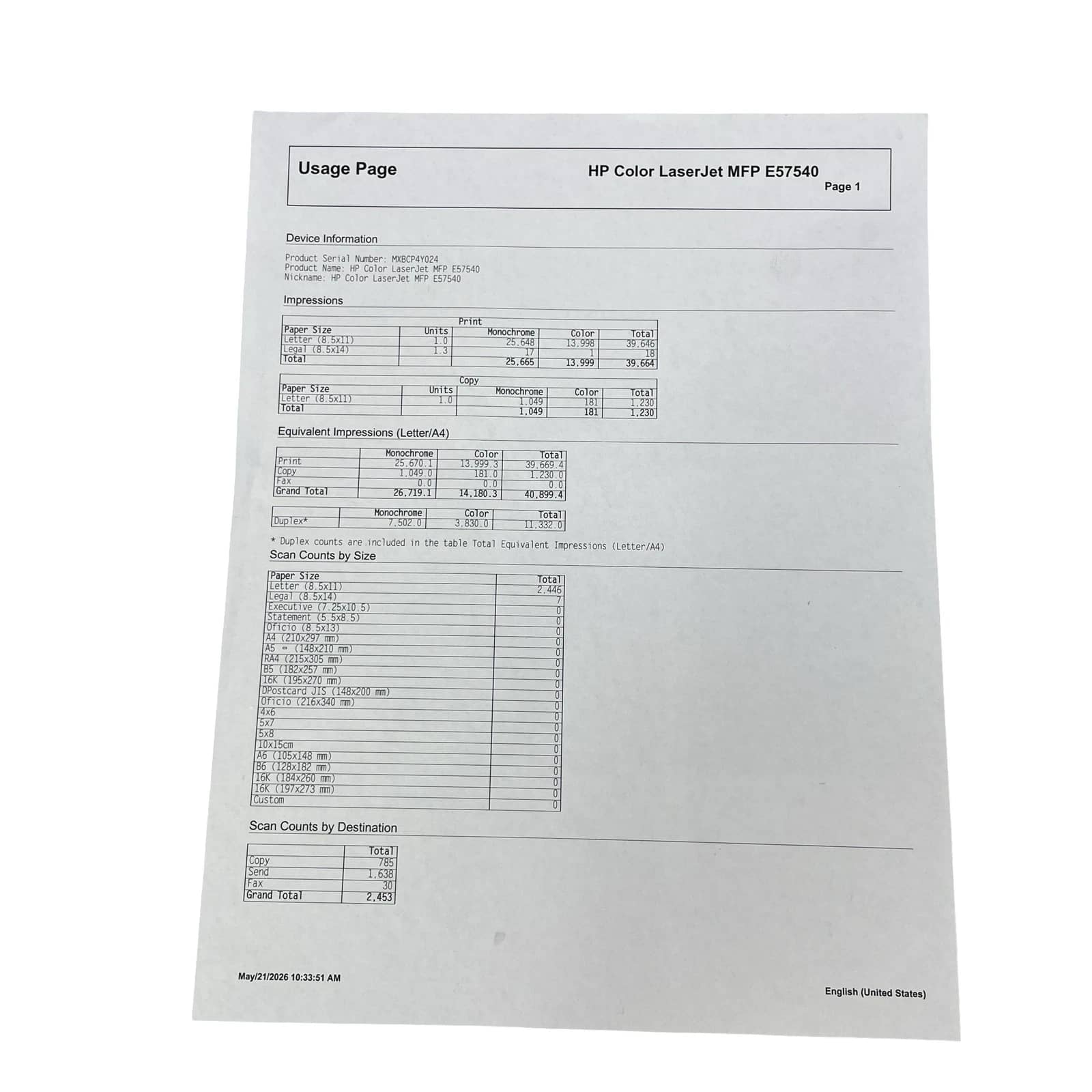 HP LaserJet Managed MFP E57540 Printers Used - Good