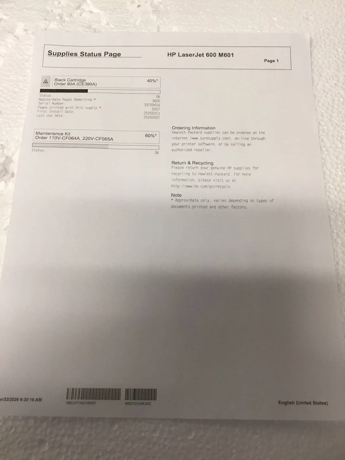 HP LaserJet 600 M601n Printers Used - Good