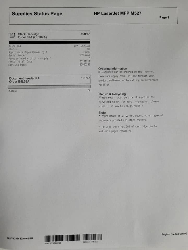 HP M527f Printers Used - Good