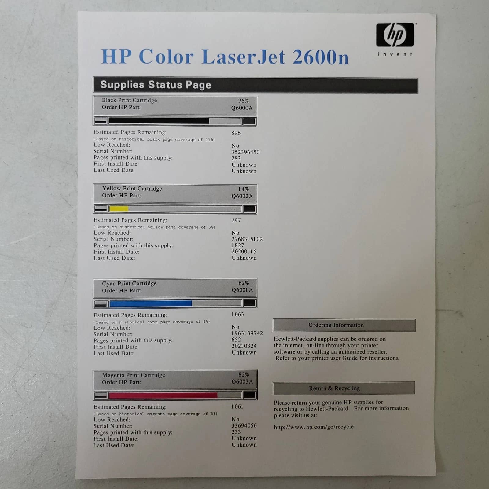 HP Color Laserjet 2600n Printers Used - Good