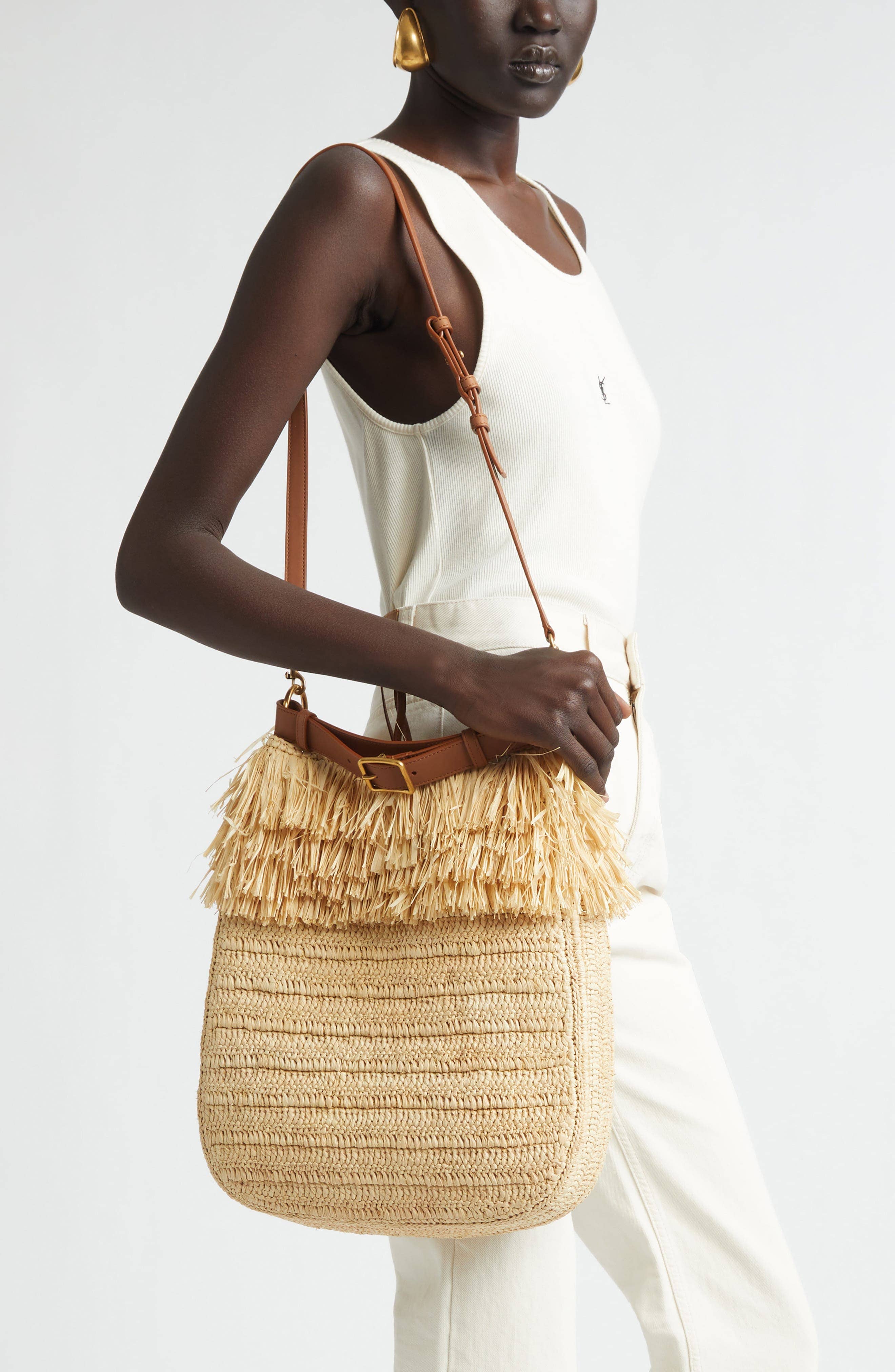 Saint Laurent Roady Shoulder Bag Women's bags Large Dark Beige Raffia Gold New