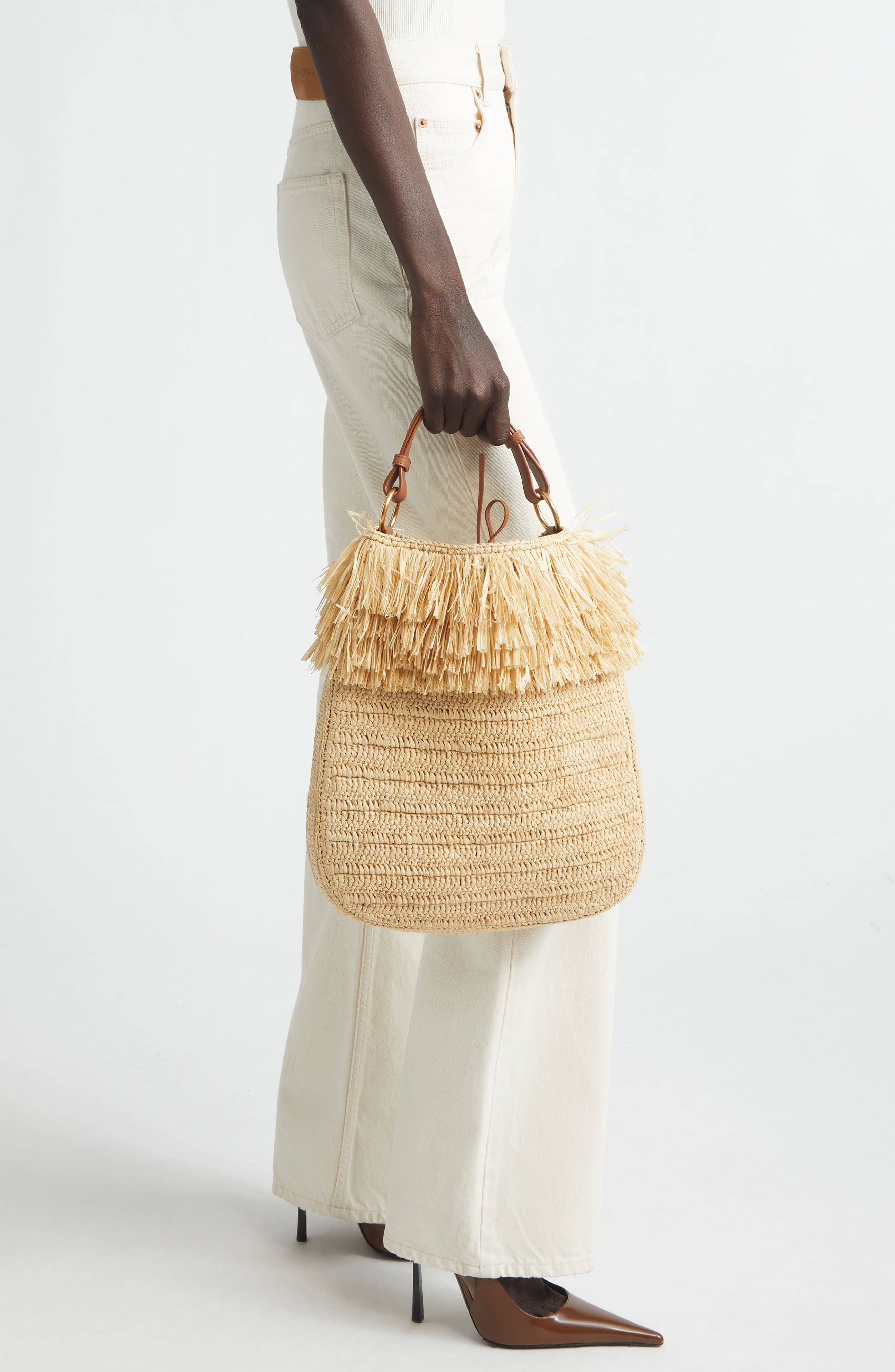 Saint Laurent Roady Shoulder Bag Women's bags Large Dark Beige Raffia Gold New