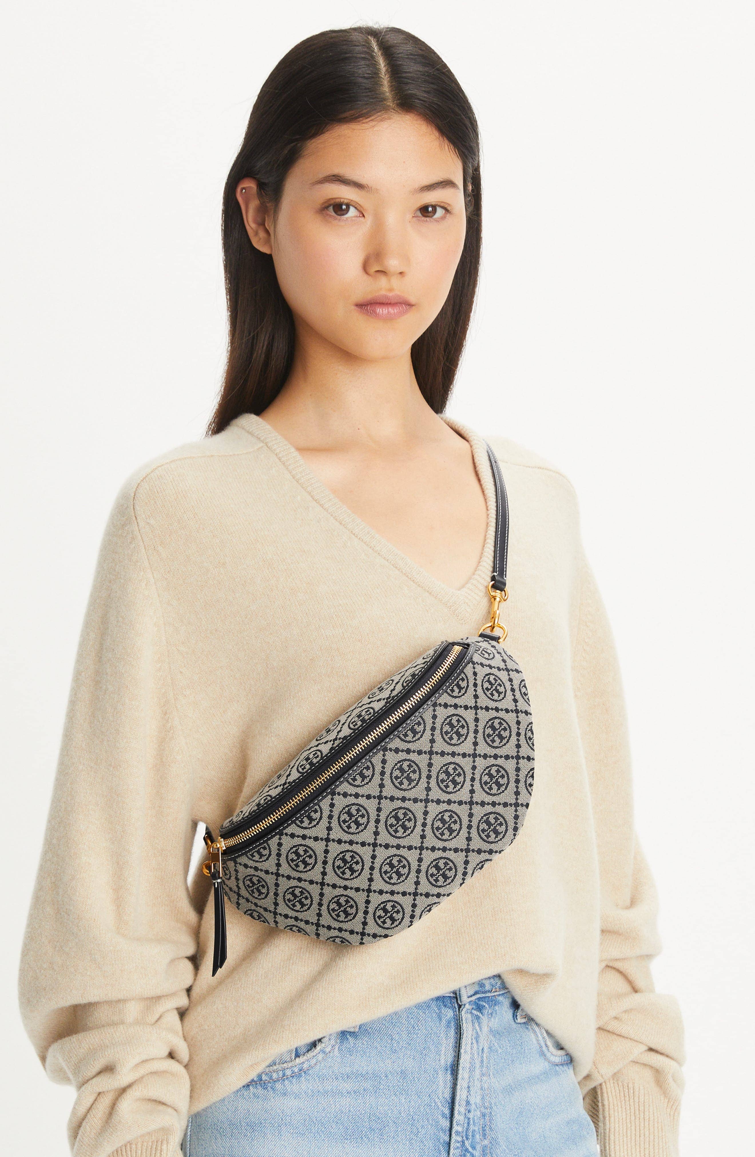 Tory Burch T Monogram Belt Bag Women's bags Black Jacquard New