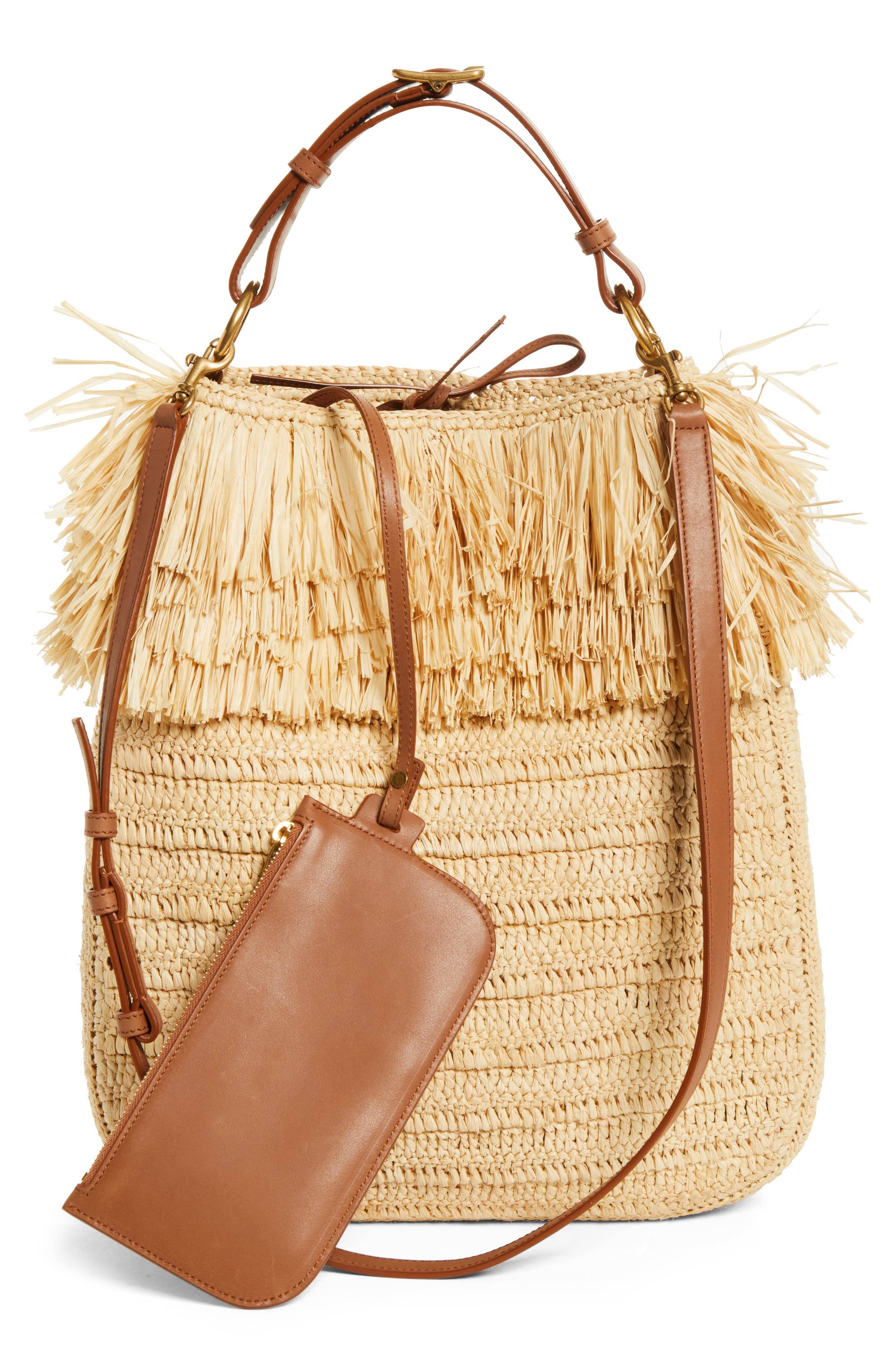 Saint Laurent Roady Shoulder Bag Women's bags Large Dark Beige Raffia Gold New