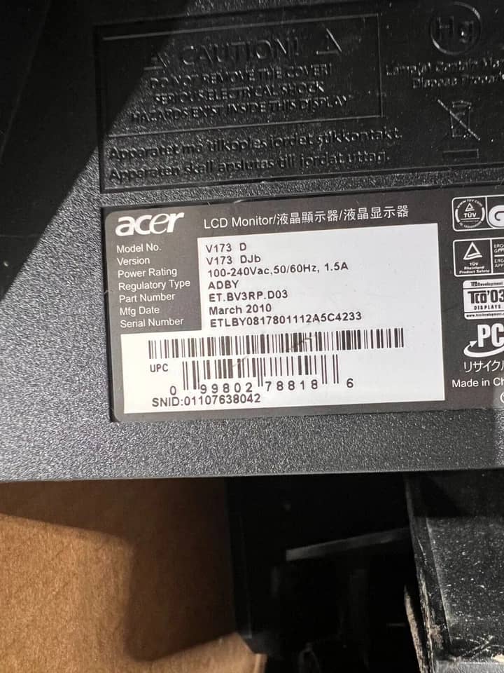 Acer V173DJB Monitors Black Used - Good