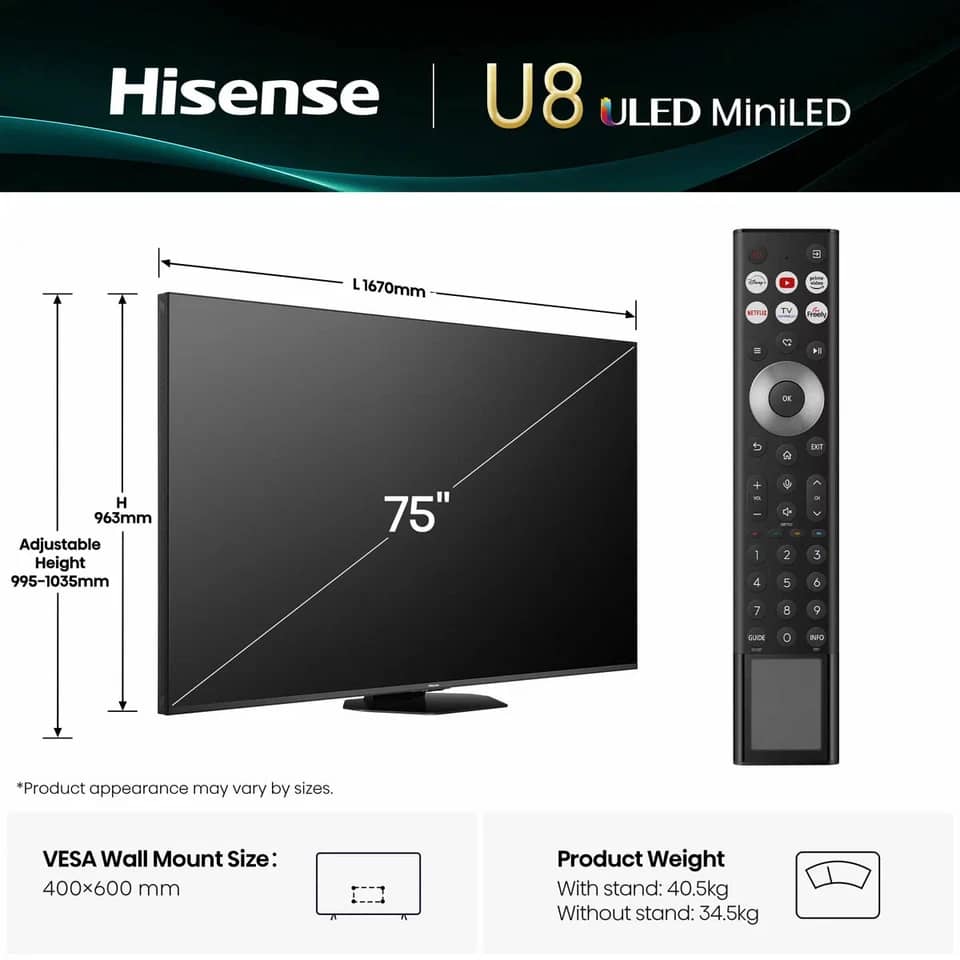 Hisense 75U8QTUK TVs Black New