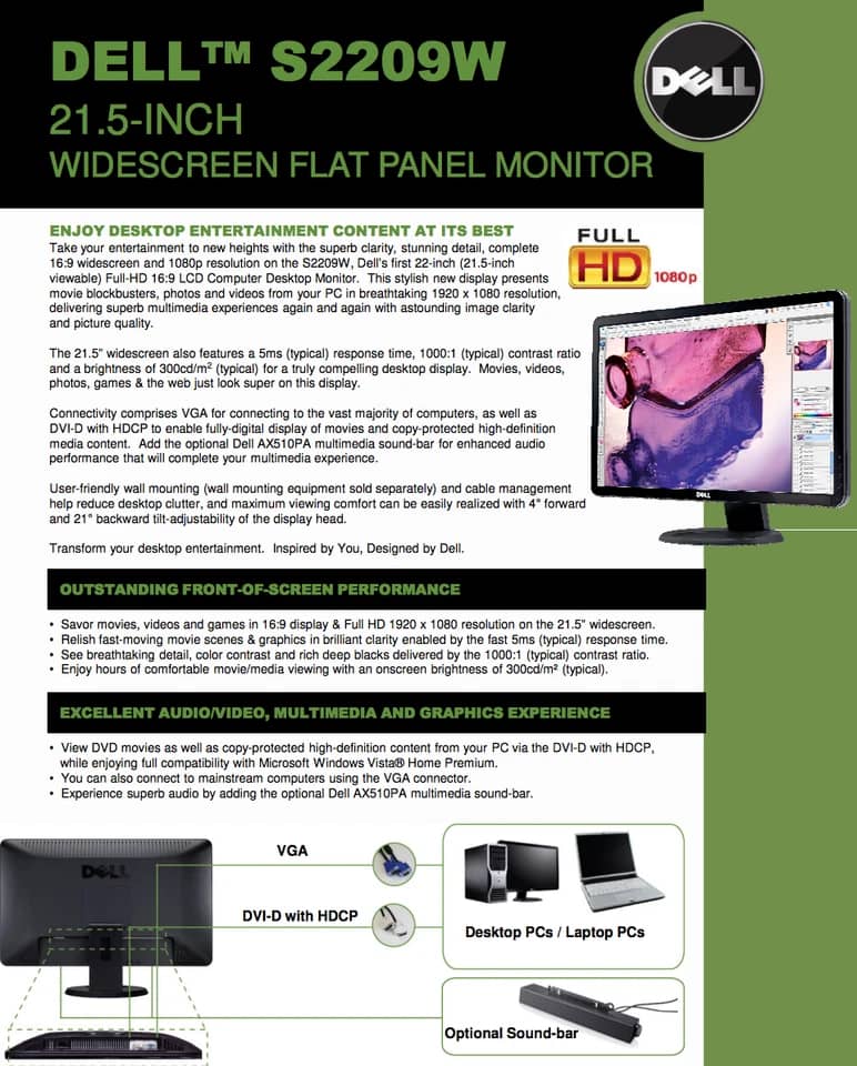 Dell S2209W Monitors Used - Very Good