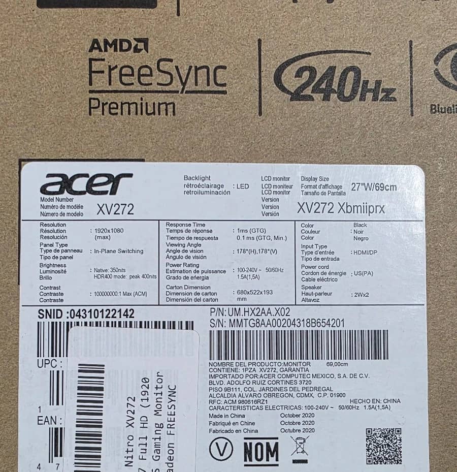 Acer XV272 Monitors Black New