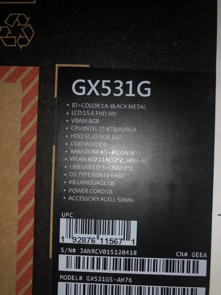ASUS ROG Zephyrus GX531 Computers 512GB 16GB New