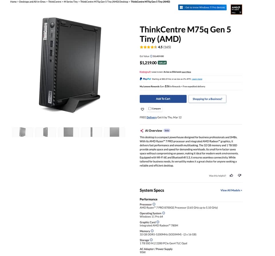 Lenovo ThinkCentre M75Q Gen 5 Computers 1TB 16GB New