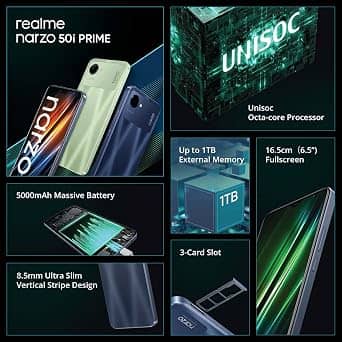 realme Narzo 50i Prime Cell Phones Green 32GB Unlocked New