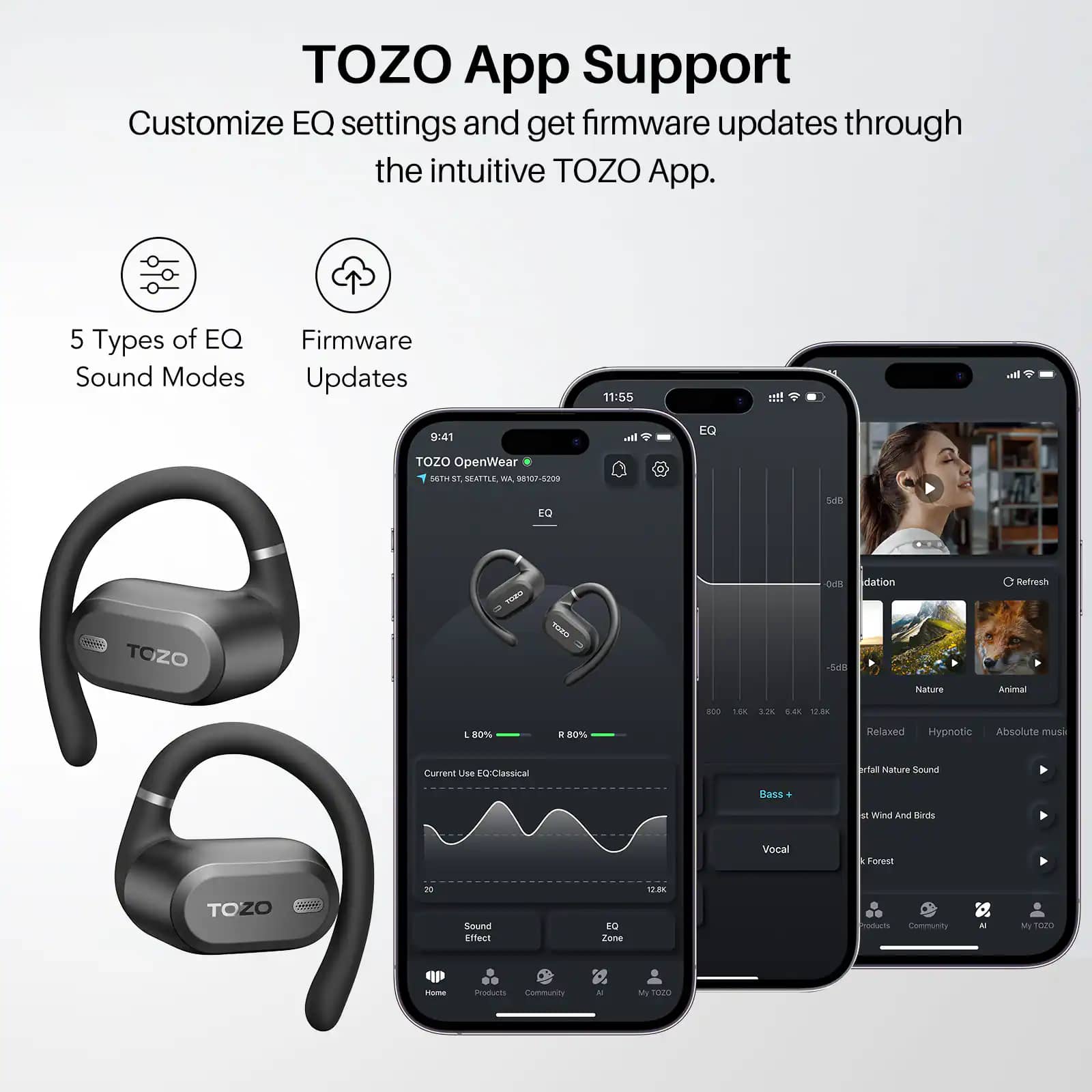 TOZO Open Wear Headphones & Earbuds Black New