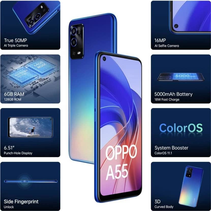 OPPO A55 Cell Phones Blue 64GB Unlocked New
