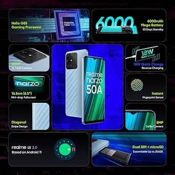 realme Narzo 50A Cell Phones Blue 128GB Unlocked New