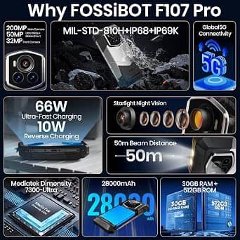 FOSSiBOT F107Pro Cell Phones Black 512GB T-Mobile New
